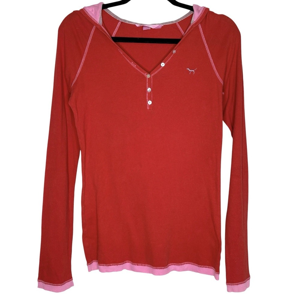 VTG Victorias Secret Pink Y2k Henley Thermal Hoodie Top L Dog Ribbed 2000s Indie